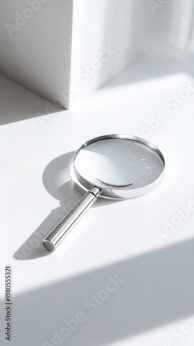 Close up of a silver magnifying glass on a bright surface with natural light