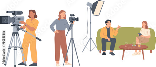 Video production team illustration, camera operator and interview scene for media content creation design