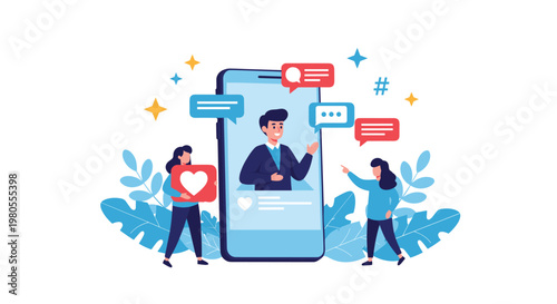 People interacting with a massive smartphone screen showing a male presenter along with various social media notification icons.