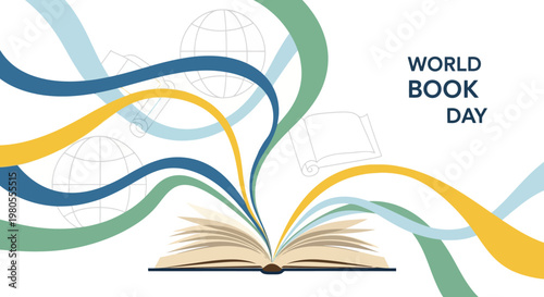 Celebrate World Book Day with a vibrant illustration of an open book symbolizing knowledge spreading globally through colorful flowing lines of learning and literacy