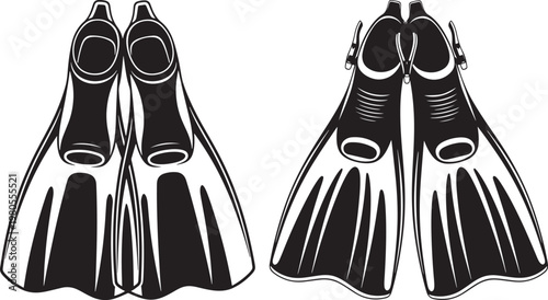 Two pairs of diving fins (flippers) in black and white top and bottom views essential equipment for snorkeling swimming water sports with water sport physical activity sea life ocean exploration