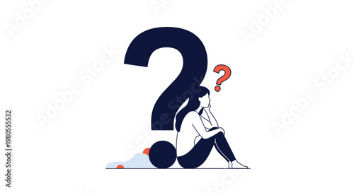 Thoughtful woman sitting on the floor leaning against a giant black question mark in a pensive and curious sitting pose.