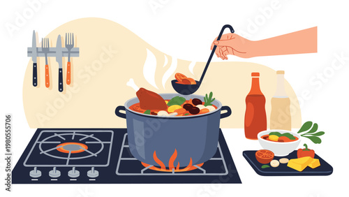 Hot pot of stew with meat and vegetables cooking on a gas stove flame with kitchen utensils and fresh ingredients on the side.