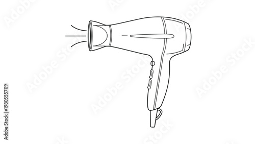 Professional line art illustration of a modern hair dryer showing buttons and air flow lines on a white background for design.