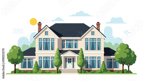 Large modern suburban house with two floors many windows and a garden under a sunny blue sky with soft white clouds.