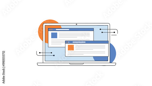 Laptop computer showing multiple browser windows and digital information with orange and blue abstract shapes in the background.