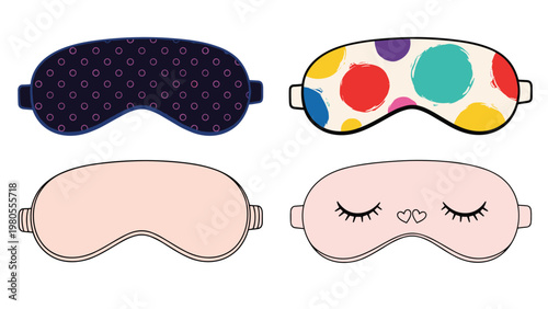Set of four different stylish sleeping eye masks with patterns like dots colorful circles and closed eyes for relaxation.