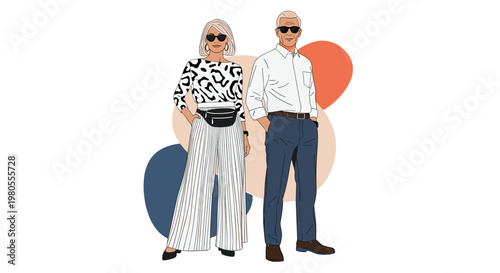 Stylish senior couple dressed in trendy outfits like leopard print and wide leg trousers standing together for a fashion shoot.