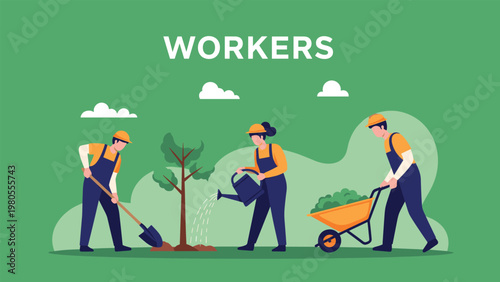 Group of three workers in blue overalls and yellow helmets planting a young tree in a park with a shovel and wheelbarrow.