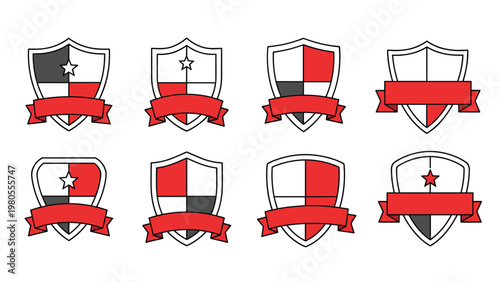 Collection of eight heraldic shields with red black and white patterns featuring blank ribbons and stars for logo design.