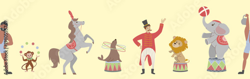 Seamless horizontal border featuring circus artists and animals. Vector illustration with strongman, monkey, horse, seal, ringmaster, lion, and elephant for kids party decor.