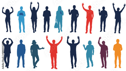 Silhouettes of diverse people in various standing and waving poses in different colors representing a community or social group.
