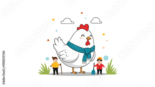 Whimsical scene of a giant white chicken wearing a blue scarf standing in a garden with two small children playing with sticks.