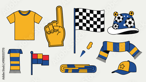 Assortment of football or soccer fan accessories including jerseys foam fingers flags scarves and hats in yellow and blue colors.