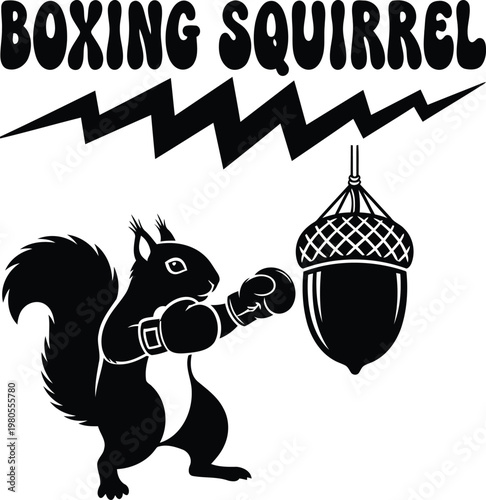 Black and white of a boxing squirrel punching an acorn punching bag