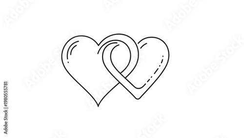 Minimalist outline of two interlocking hearts creating a simple and elegant symbol for love romance wedding or partnership themes.