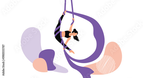 Graceful woman performing aerial yoga with long purple silk ribbons in a flexible and artistic pose against abstract shapes.