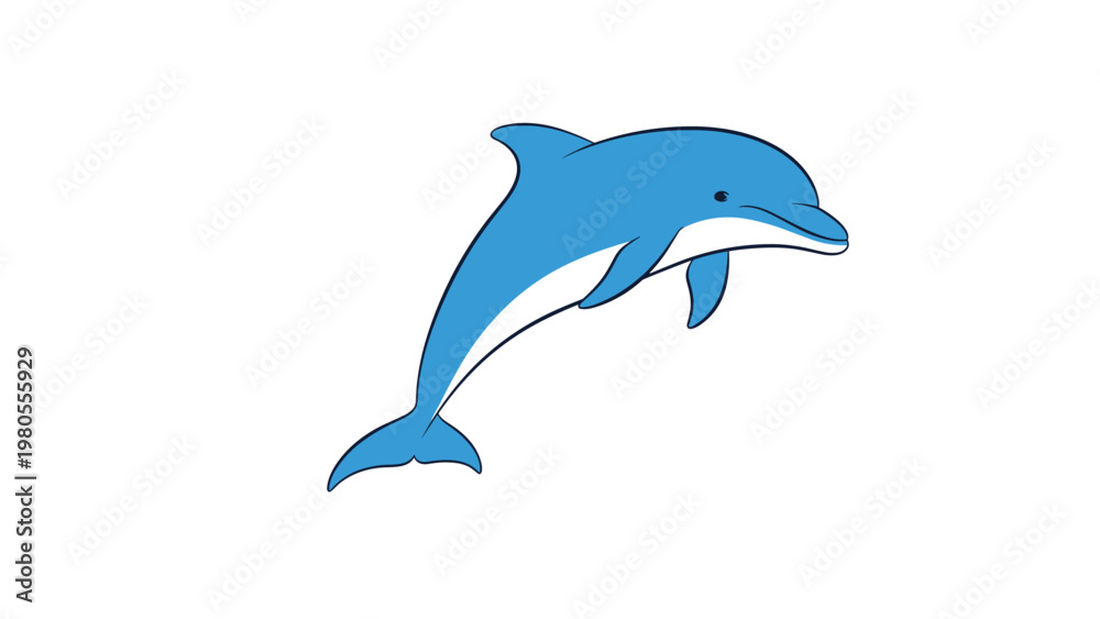 Fototapeta premium Graceful blue and white dolphin leaping through the air against a solid white background in a very simple style.