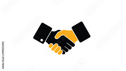 Simple black and orange icon of two hands shaking to represent a successful business deal or professional partnership.