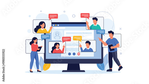 Group of diverse individuals participating in a virtual video conference meeting on a large computer monitor.