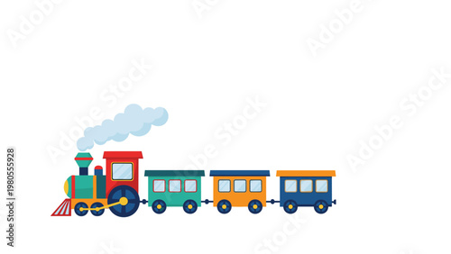 Vibrant toy steam train with a red engine and several multi-colored passenger cars trailing behind it on white.