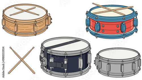 Selection of many different snare drums including wood, metal, and colorful varieties with drumsticks for each.