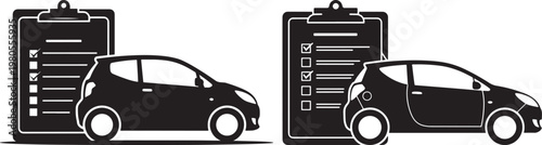 Silhouette illustration of two small cars with inspection checklists on clipboards vehicle service concept car inspection clipboard checklist automobile maintenance mechanic document warranty
