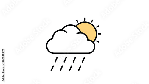 Weather icon showing a bright sun behind a cloud with rain droplets falling beneath it on a white background.