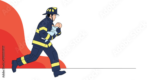 Brave firefighter in full protective gear running through smoke and flames while carefully carrying a baby to safety during a fire rescue.