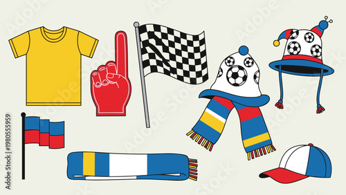 Collection of soccer fan accessories including jerseys, flags, scarves, hats, and a large red foam hand on white.