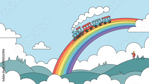 Whimsical illustration features a colorful toy train puffing smoke as it travels across a bright rainbow in the clouds over green hills.