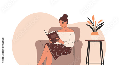 Young woman relaxing in a comfortable armchair and reading a hardcover book in a cozy living room setting with a potted indoor plant.