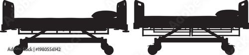 Medical hospital gurneys or beds with wheels in silhouette graphic style for patient transport hospital bed recovery room emergency room critical care healthcare transport emergency equipment