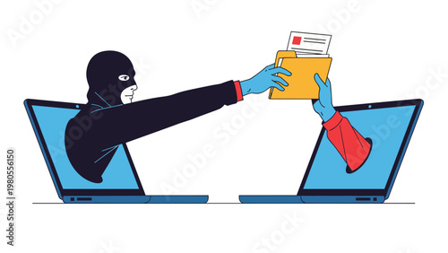 Conceptual illustration shows a hacker in a mask reaching out from a laptop screen to steal a folder from another for cyber security.