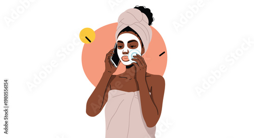 African American woman wearing a towel and facial mask talking on her smartphone while performing her daily skincare routine at home.