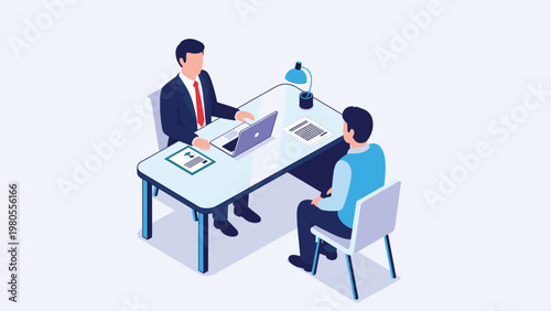 Isometric illustration shows a professional job interview between an employer with a laptop and a candidate at a clean white desk.
