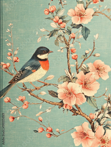 Vintage bird floral art cherry blossom songbird pastel background branch spring flower nature illustration red breast blue feather Vintage bird floral art cherry blossom songbird pastel background