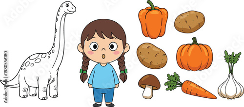 Cute girl character dinosaur and fresh vegetables pumpkin carrot potato garlic pepper cartoon vector illustration collection