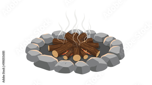 Cozy campfire features a stack of wooden logs surrounded by grey stones with thin wisps of smoke rising in an outdoor camping scene.