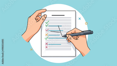 Person marking completed tasks on a checklist document using a black pen to show progress and organization in a professional setting.