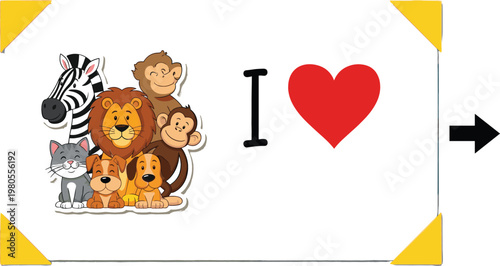 Cute wild animals group with I love symbol arrow and decorative frame cartoon vector illustration collection for wildlife and kids design