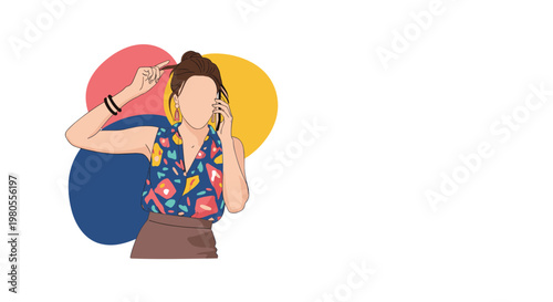 Trendy young woman with a bun hairstyle talking on her mobile phone while wearing a colorful patterned sleeveless top and brown skirt.