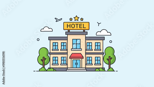 Charming two story hotel building with a yellow sign, stars, and green trees is set against a light blue sky for a travel destination.