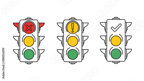 Set of three traffic light icons displaying red cross for stop, yellow exclamation mark for warning, and green checkmark for go signals.