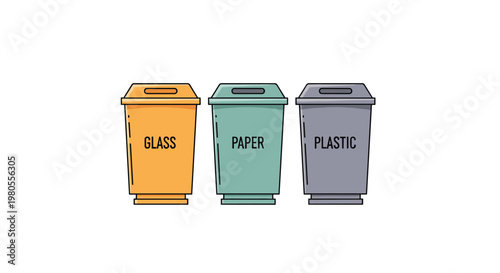 Set of three colorful waste management bins labeled for glass, paper, and plastic to encourage proper trash sorting and recycling habits.