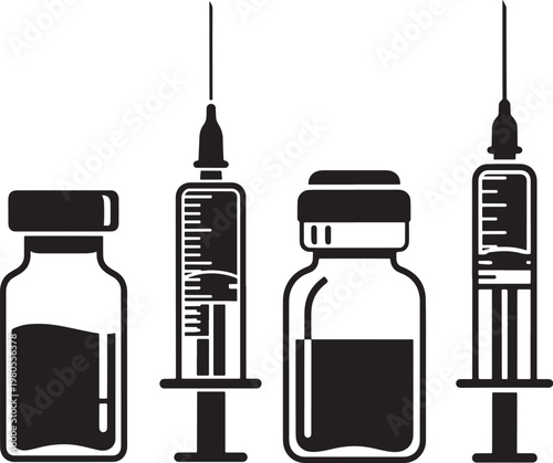 Black and white icon illustration of medical syringes and vials for injection or vaccination representing health and treatment injection medicine treatment prevention vaccination pharmacy