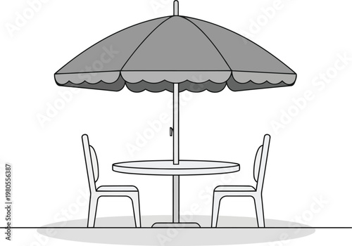 Outdoor Patio Table with Large Umbrella and Chairs Vector Illustration