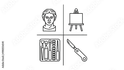 Artistic Essentials: A meticulously composed illustration displaying a classical sculpture bust, an artist's easel, a set of sculpting tools, and a precision craft knife, inviting creativity.