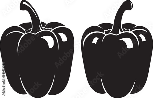Two black silhouette bell peppers with stems representing fresh vegetables healthy eating cooking ingredients culinary themes bell pepper vegetable silhouette ingredient nutrition vegetarian