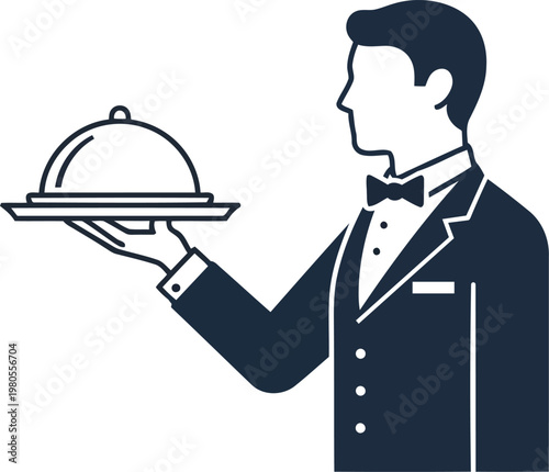 Professional waiter or butler holding a silver platter tray for fine dining and luxury service